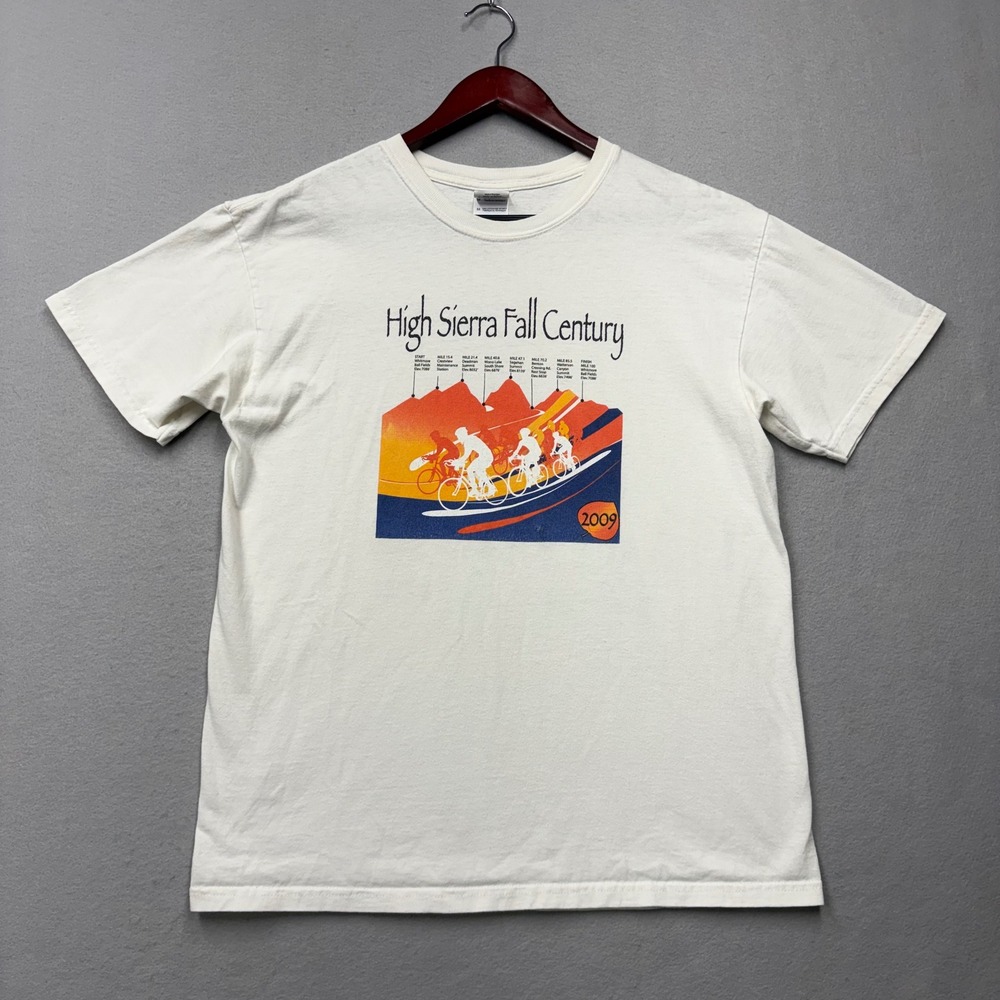 Gildan T-Shirt Mens M White High Sierra Fall Century 2009 Cycling Graphic Y2K